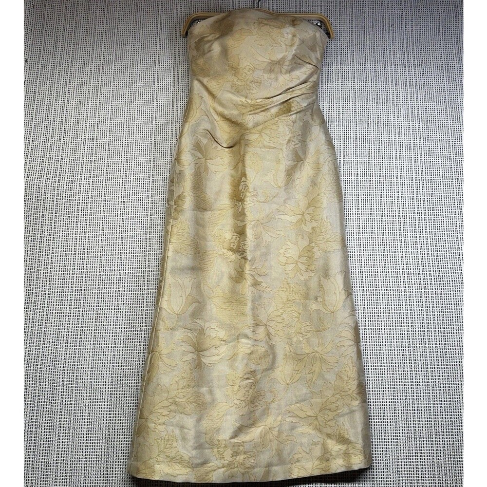 Y2K Kay Unger Strapless Gown Size 2 Champagne Floral Jacquard Ruched Formal